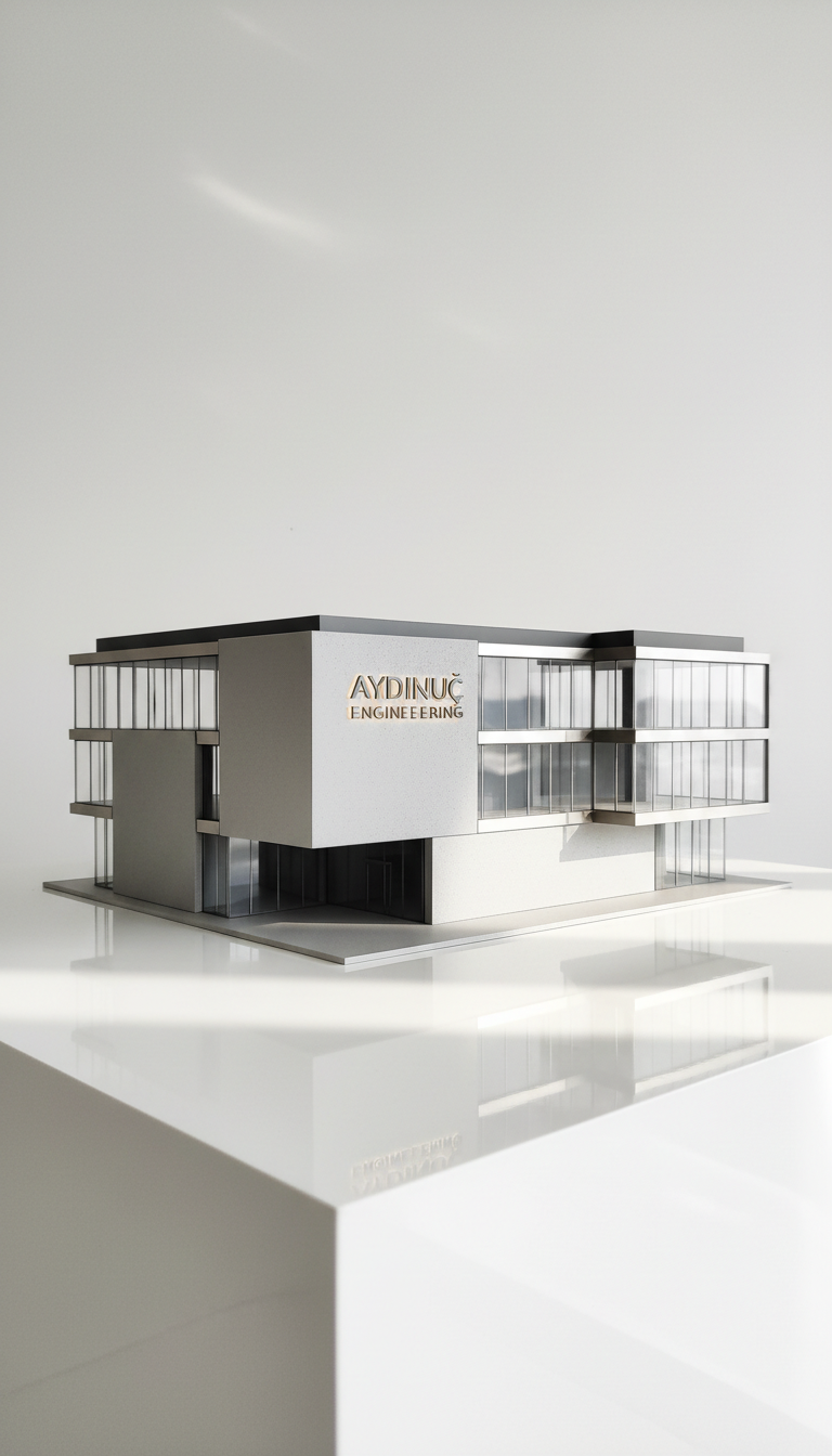 A sleek, modern architectural model of an engineering headquarters, composed of clean concrete, glass, and brushed steel elements, with sharply defined geometric lines. The structure is set on a highly polished white surface with minimalist signage for 'Aydınuç Engineering' integrated into the facade. Soft, diffused daylight from above creates subtle reflections and emphasizes the crisp edges of the building. The mood is professional and innovative, projecting reliability and expertise. Photographed from a slightly elevated angle with sharp focus throughout, the composition uses a centered, balanced layout and a clean, modern, photorealistic style to evoke trust and technical precision, perfectly underscoring engineering excellence and consulting expertise.