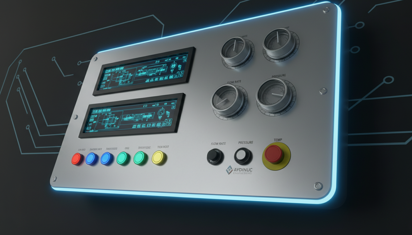 A close-up view of a high-tech industrial control panel, featuring brushed aluminum surfaces, backlit digital displays, color-coded buttons, and intricately labeled dials. The control panel is set against a sleek, matte black wall with subtle circuit diagram graphics faintly illuminated behind, adding a sense of depth and technological sophistication. Cool bluish LED lighting creates crisp, futuristic highlights while leaving soft shadows under protruding elements. The mood is cutting-edge and precise, evoking confidence in advanced engineering services. Shot from a low-angle, off-center composition to emphasize depth and innovation, the image style is crisp, clean, and modern, reflecting Aydınuç Engineering’s expertise in complex, high-tech solutions.